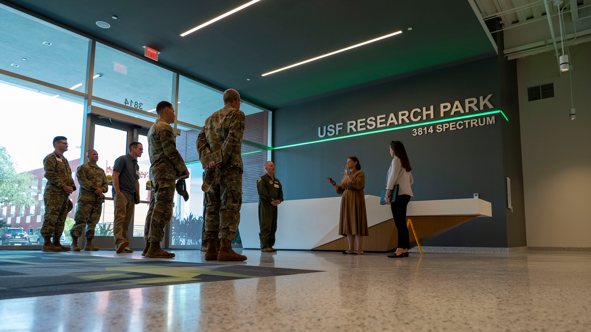 U.S. Air Force Airmen from the 6th Air Refueling Wing are greeted by employees from the University of South Florida Research Park, Tampa, FL, Sep. 16, 2022.