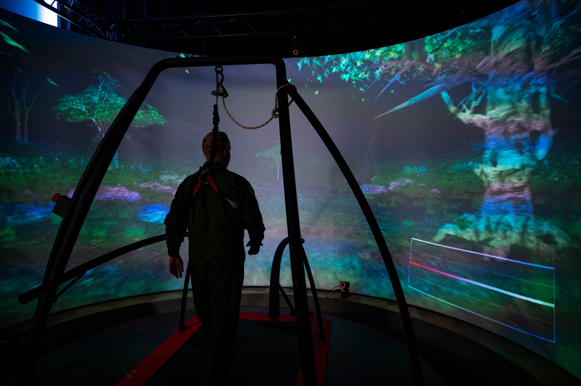 U.S. Air Force Col. Adam Bingham, the 6th Air Refueling Wing commander, walks on a Virtual Reality motion platform at the University of South Florida Research Park, Tampa, FL, Sep. 16, 2022.