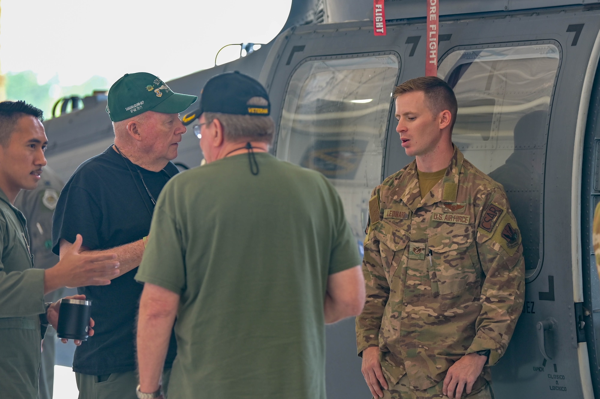 Airmen from the 38th, 41st and 71st Rescue Squadrons spoke with Air Rescue Association members that were once a part of the rescue community, during the HH-60W Jolly Green II Initial Operational Capability ceremony, Sept. 9, 2022 at Moody Air Force Base, Georgia. The ceremony displayed the platform’s operational capabilities and signifies that the HH-60W has met the criteria for IOC and awaits declaration.  (U.S. Air Force photo by Senior Airman Rebeckah Medeiros)