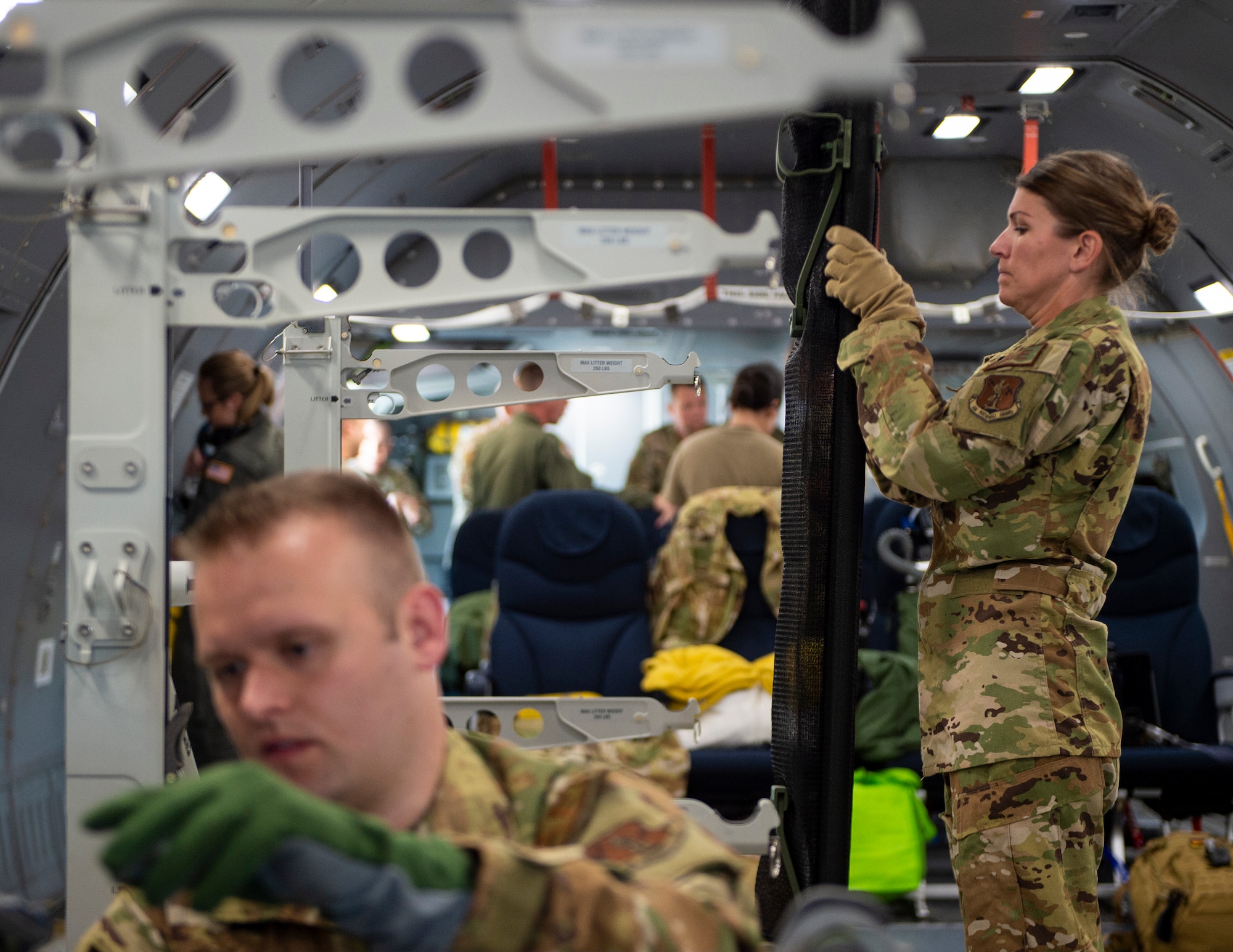 U.S. Air Force Airmen from the 109th, 934th and 156th Aeromedical Evacuation Squadrons prepare a KC-46 Pegasus, 157th Air Refueling Wing, New Hampshire Air National Guard, for training in St. Paul., Minn., Sept. 12, 2022.
