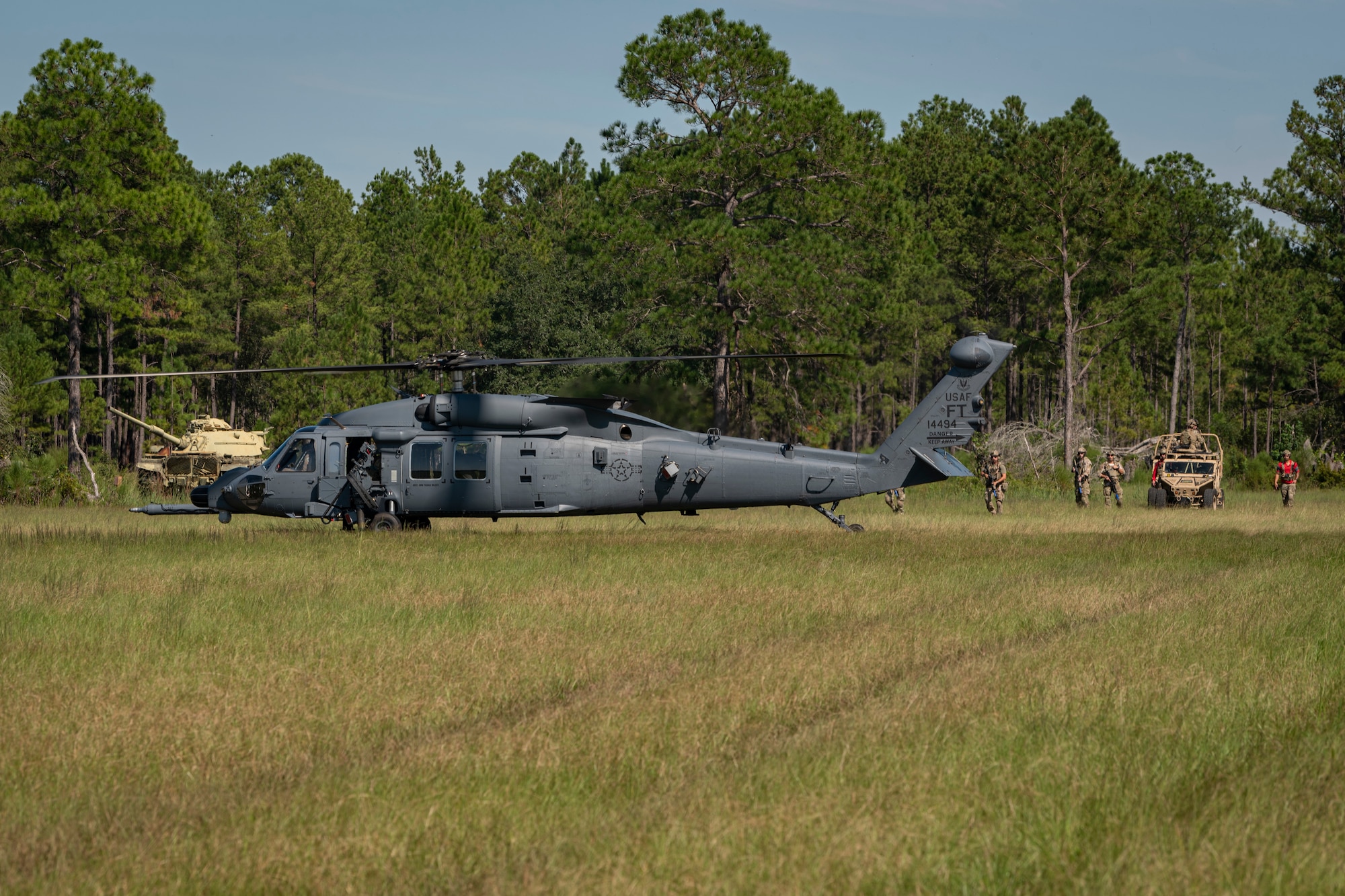 U.S. Air Force Airmen assigned to the 38th Rescue Squadron participate in a combat search and rescue demonstration during a CSAR subject matter expert exchange with members of the Egyptian Naval and Air Forces at Moody Air Force Base, Georgia, Sept. 15, 2022. Engagements such as this ensure that the security relationship is not only forged at the strategic level but also the tactical and operational levels, creating a cohesive, layered approach to creating a safe and stable theater. (U.S. Air Force photo by Senior Airman Jasmine M. Barnes)