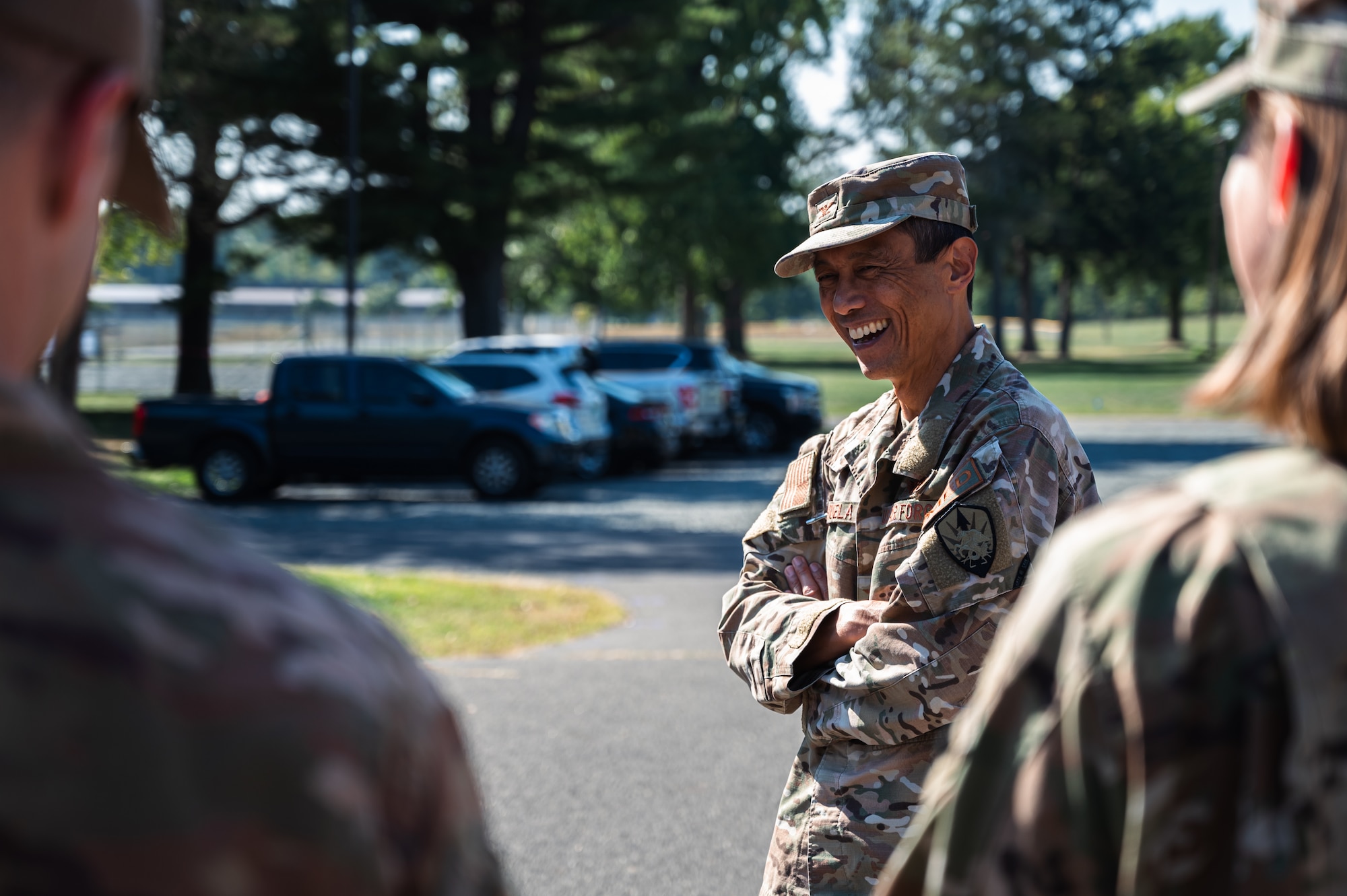 U.S. Air Force Col. Col. Rudolph Cachuela, Air Mobility Command surgeon general, speaks with 87th Medical Group and Medical Simulation Training Center staff on Joint Base McGuire-Dix-Lakehurst, N.J., Sept. 22, 2022.