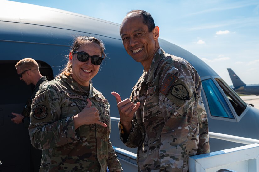 U.S. Air Force Senior Master Sgt. Kelly Bradshaw, 87th Operational Medical Readiness Squadron senior enlisted leader, left, and Col. Col. Rudolph Cachuela, Air Mobility Command surgeon general, pose for a photo at Joint Base McGuire-Dix-Lakehurst, N.J., Sept. 22, 2022.