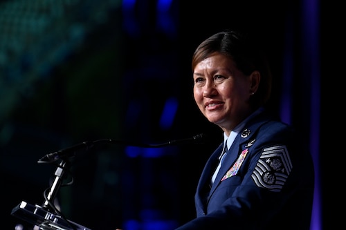 Chief Master Sgt. of the Air Force JoAnne S. Bass delivers her keynote address, “Airmen: Yesterday, Today, Tomorrow,” during the 2022 Air, Space and Cyber Conference in National Harbor, Md., Sept. 21, 2022. (U.S. Air Force photo by Eric Dietrich)