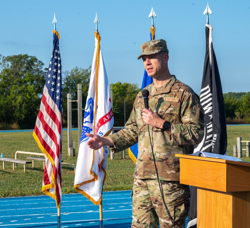 U.S. Air Force, Col. John Creedon, 1st Fighter Wing commander, gives closing remarks during the National POW/MIA Recognition Day ceremony at Joint Base Langley-Eustis, Virginia, Sept. 16, 2022.