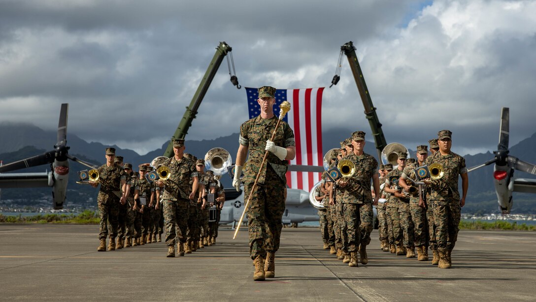 U.S. Marines with the U.S. Marines Corps Forces, Pacific (MARFORPAC) band participate in the MARFORPAC change of command ceremony on Marine Corps Air Station Kaneohe Bay, Marine Corps Base Hawaii, Sept. 7, 2022. Lt. Gen. Steven R. Rudder relinquished command to Lt. Gen. William M. Jurney. With two-thirds of the Marine Corps’ operating forces assigned, MARFORPAC operates in the U.S. Indo-Pacific Command area of responsibility, the largest Geographical Combatant Command in the U.S. Department of Defense. (U.S. Marine Corps photo by Lance Cpl. Haley Fourmet Gustavsen)
