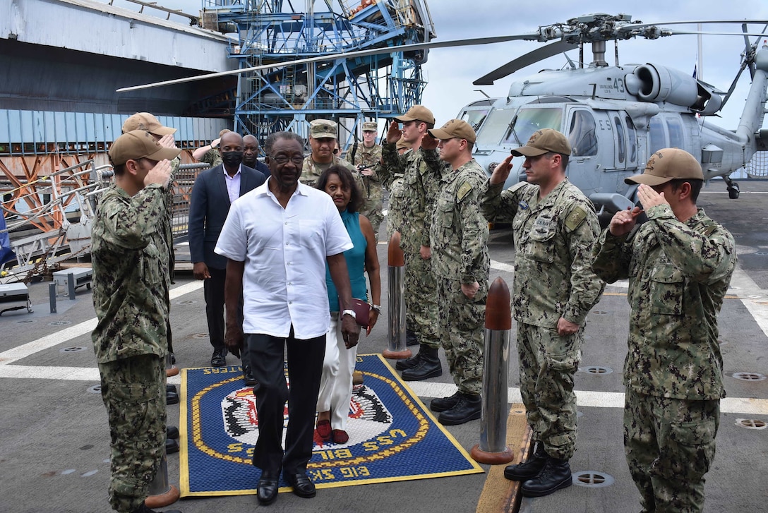 U.S. Ambassador to Jamaica, Noah “Nickolas” Perry visits the Freedom-variant littoral combat ship USS Billings (LCS 15) during a scheduled port visit in Ocho Rios, Jamaica, Sept. 17, 2022. Billings is deployed to the U.S. 4th Fleet area of operations to support Joint Interagency Task Force South’s mission, which includes counter-illicit drug trafficking missions in the Caribbean and Eastern Pacific.