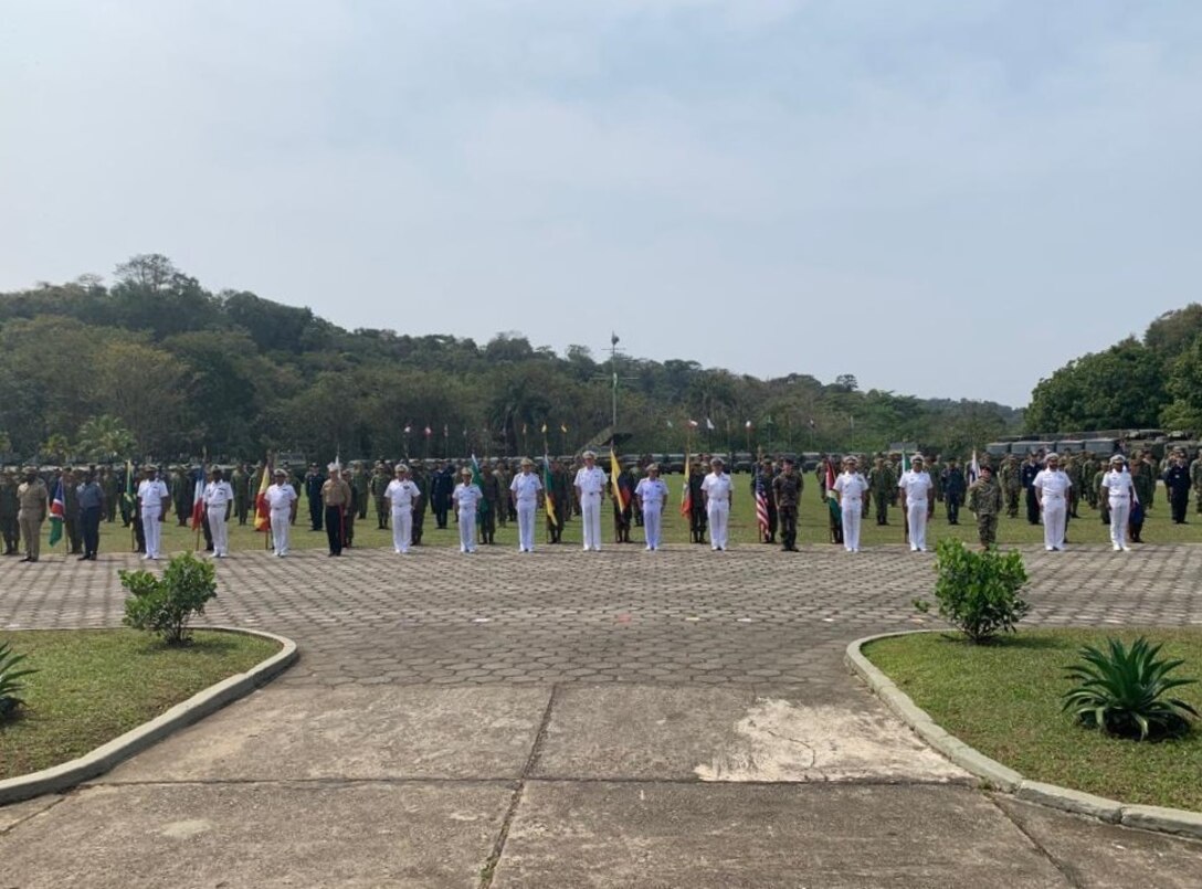 Exercise participants stand in formation at the UNITAS LXIII Closing Ceremony in Rio de Janeiro, Sept. 22, 2022. UNITAS is the world’s longest-running annual multinational maritime exercise that focuses on enhancing interoperability among multiple nations and joint forces during littoral and amphibious operations in order to build on existing regional partnerships and create new enduring relationships that promote peace, stability, and prosperity in the U.S. Southern Command’s area of responsibility.
