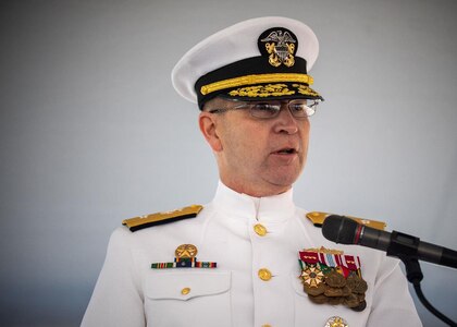 NORFOLK, Va. (Sept. 22, 2022) Rear Adm. Tom Williams, commander, Expeditionary Strike Group Two, speaks during the Ticonderoga-class, guided-missile cruiser USS Anzio (CG 68) decommissioning ceremony onboard Naval Station Norfolk, Sept. 22, 2022. Anzio was decommissioned after 30 years of service.  (U.S. Navy photo by Mass Communication Specialist 3rd Class Bradley Rickard