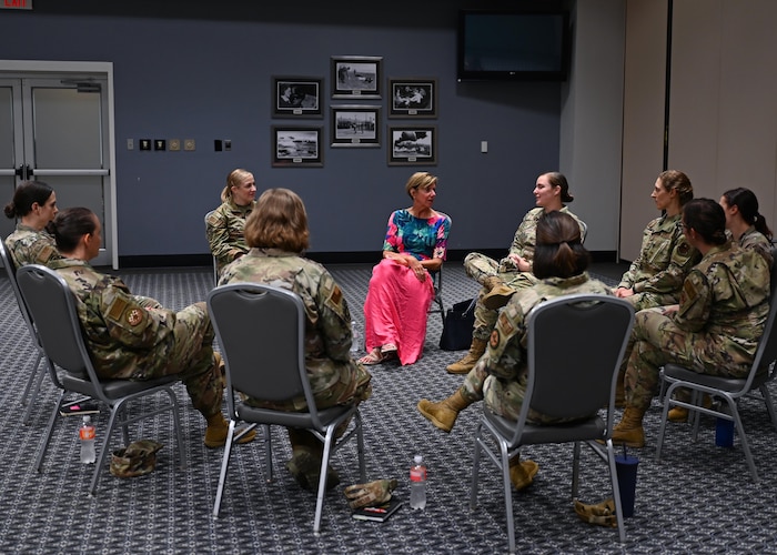 Former 17th Training Wing commander, retired U.S. Air Force Gen. Lori Robinson, meets with female officers during a mentoring session at the Powell Event Center, Goodfellow Air Force Base, Texas, Sept. 16, 2022. Robinson shared her advice and experiences gathered over her career. (U.S. Air Force photo by Senior Airman Ethan Sherwood)