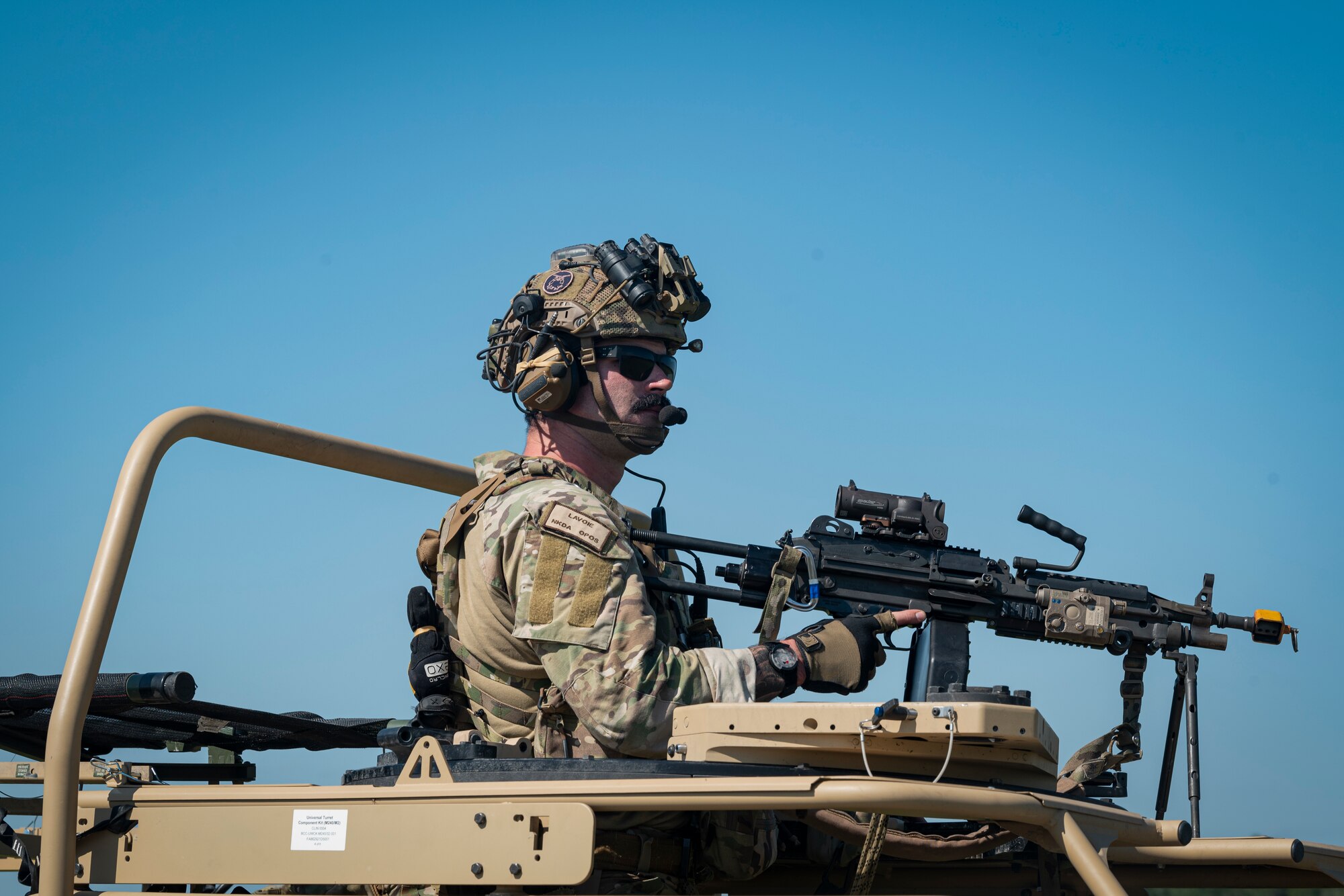 A U.S. Air Force pararescueman assigned to the 38th Rescue Squadron secures an area during a combat search and rescue demonstration at Moody Air Force Base, Georgia, Sept. 15, 2022. Members of the Egyptian Naval and Air Forces participated in a CSAR subject matter expert exchange, supporting the strategic security relationship that exists between the U.S. and Egypt. Engagements such as this ensure that the security relationship is not only forged at the strategic level but also the tactical and operational levels, creating a cohesive, layered approach to creating a safe and stable theater. (U.S. Air Force photo by Senior Airman Jasmine M. Barnes)
