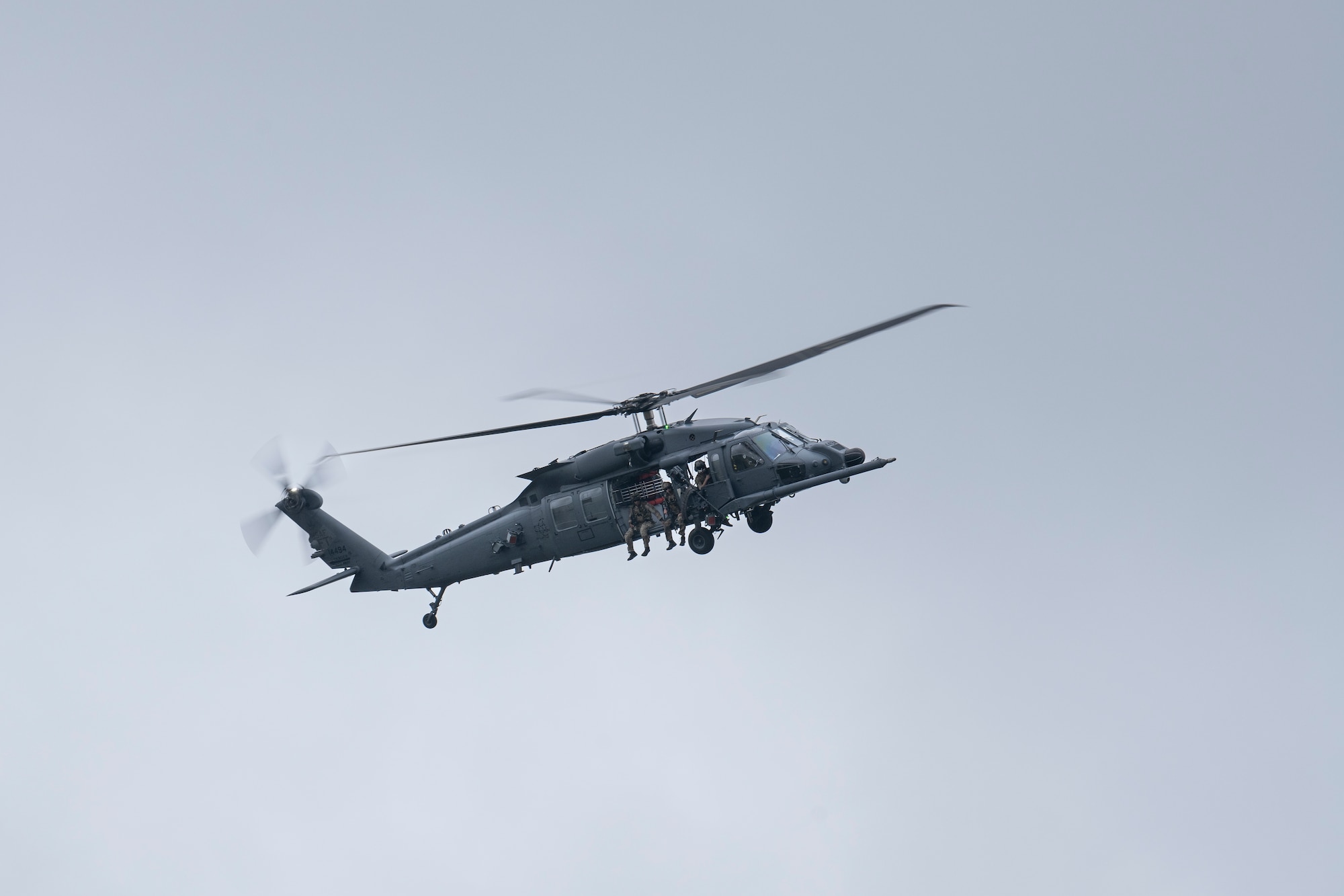 U.S. Air Force Airmen assigned to the 38th Rescue Squadron and 41st RQS execute a combat search and rescue demonstration over Grand Bay Bombing and Gunnery Range at Moody Air Force Base, Georgia, Sept. 9, 2022. Air Rescue Association members, who were once part of the rescue community, attended the demonstration along with a ceremony to celebrate the HH-60W Jolly Green II meeting the criteria for initial operational capability and being postured for declaration. (U.S. Air Force photo by Airman 1st Class Deanna Muir)