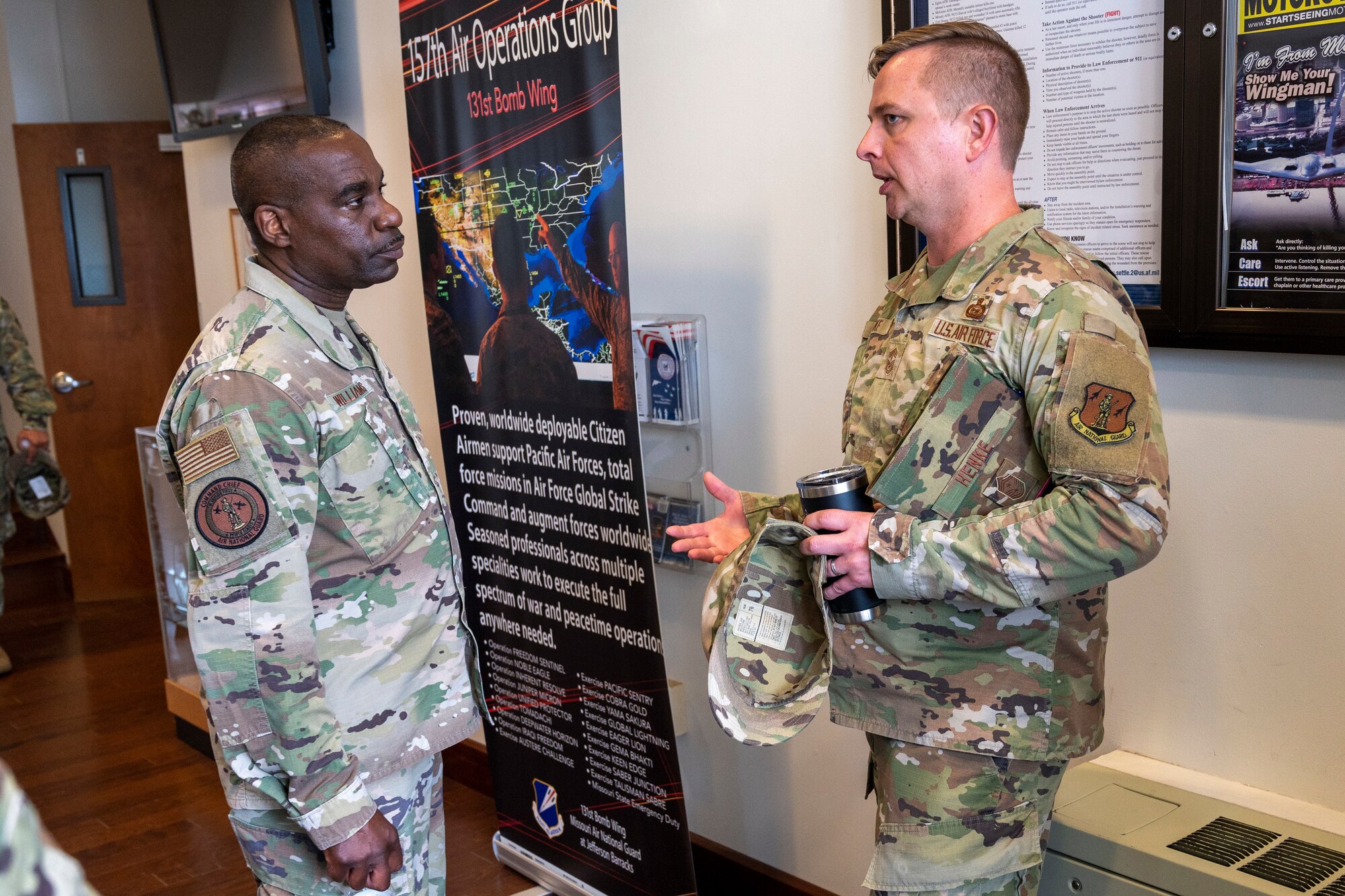 U.S. Air Force Chief Master Sgt. Maurice Williams, left, command chief, Air National Guard, speaks with Chief Master Sgt. Jason Henke, command chief, 131st Bomb Wing, Missouri National Guard at Jefferson Barracks Air National Guard Base, St. Louis, Missouri, Sept. 11, 2022. During his visit, Williams spoke with many of the 131st leadership and Airmen, toured their facilities and learned more about the wing’s mission and capabilities. (U.S. Air National Guard photo by Senior Airman Whitney Erhart)
