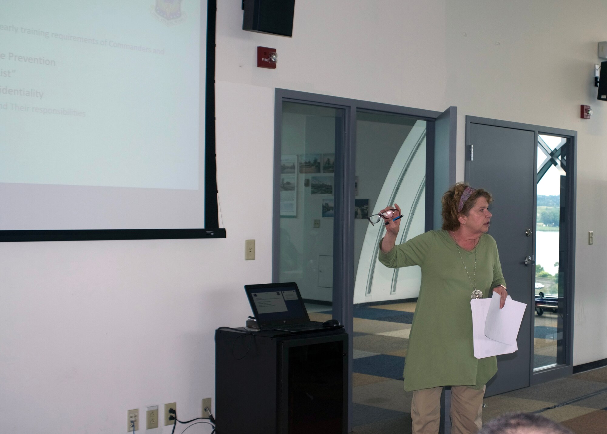 Kate Rowe, 174th Attack Wing director of Psychological Health discusses the overview of the Suicide Prevention Program while attending a Leadership Summit in Syracuse, New York on Sept. 12, 2019. Rowe explains how commanders, first sergeants and other senior leaders can help their members with resources available. (U.S. Air Force photo by Master Sgt. Barbara Olney