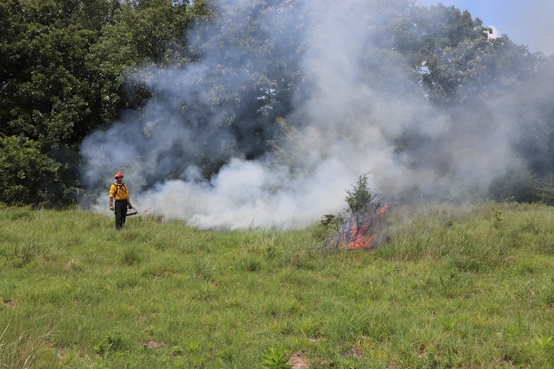 A member of the U.S. Army Corps of Engineers, Kansas City District staff helps conduct a prescribed fire to help conserve wildlife and ecosystems at Kanopolis lake on July 24, 2020. Photo by Ryan Williams, Kanopolis Lake natural resource manager