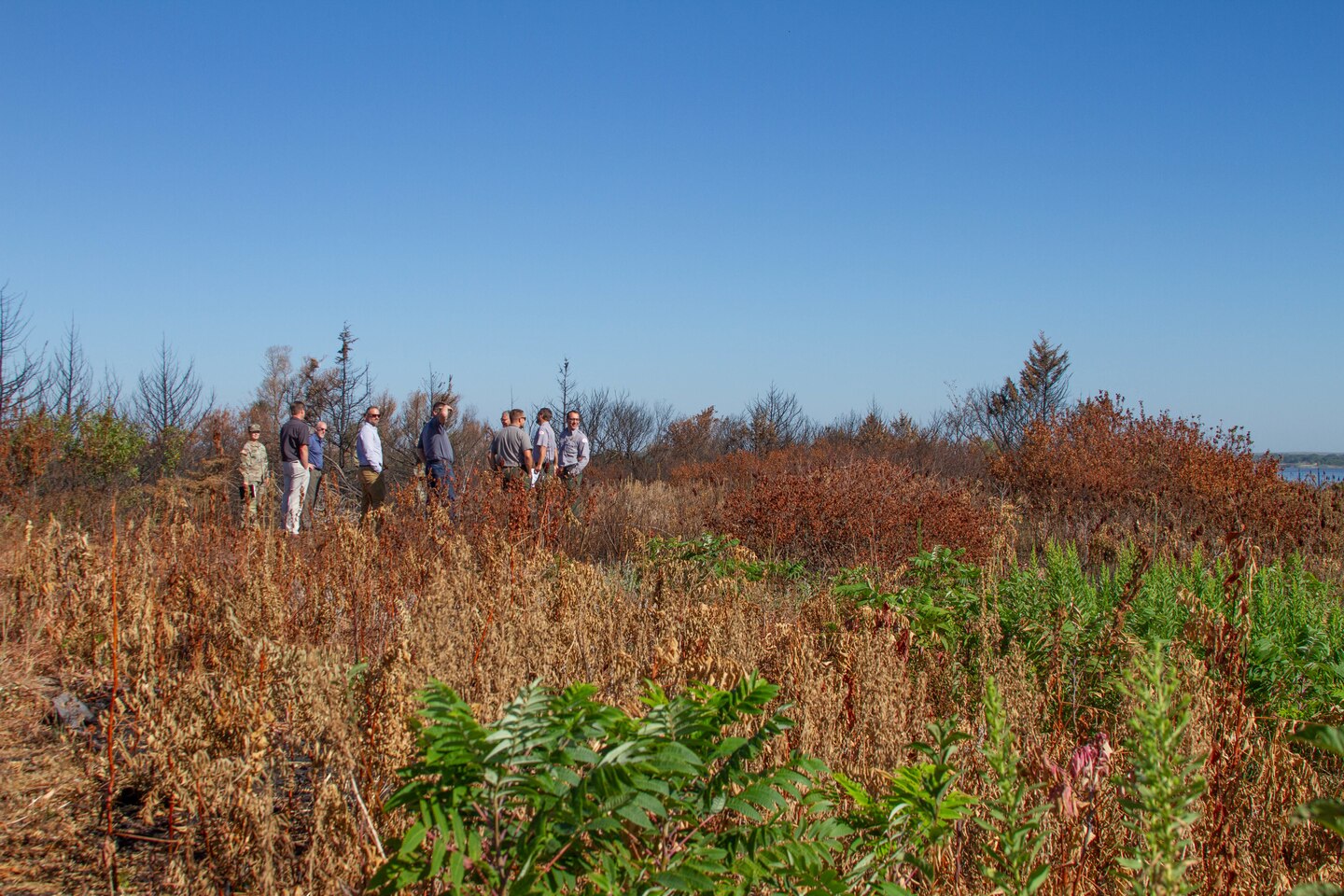 U.S. Army Corps of Engineers personnel visit a prescribed fire site at Kanopolis Lake in the Kansas City District during Col. Geoff Van Epps', Northwestern Division commander, visit to the Kansas City District on Aug. 10, 2022. Photo by Reagan Zimmerman, Public Affairs Specialist.