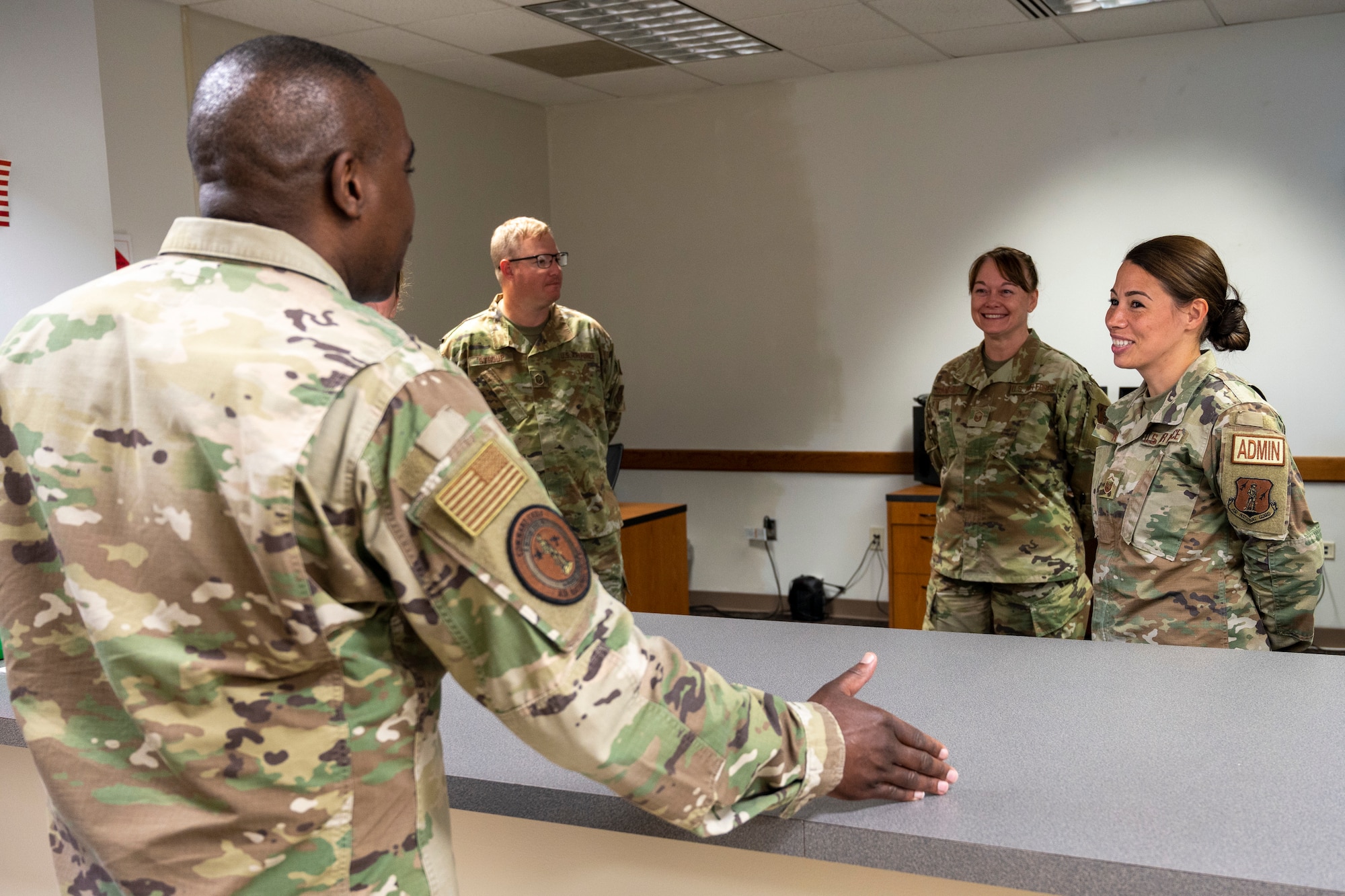 U.S. Air Force Chief Master Sgt. Maurice Williams, left, command chief, Air National Guard, speaks with Airmen of the 239th Combat Communications Squadron, 131st Bomb Wing, Missouri National Guard at Jefferson Barracks Air National Guard Base, St. Louis, Missouri, Sept. 11, 2022. During his visit, Williams spoke with leadership and Airmen about the importance of the mission, leadership qualities and the Airmen's impact on the future of the Air Force. (U.S. Air National Guard photo by Senior Airman Whitney Erhart)