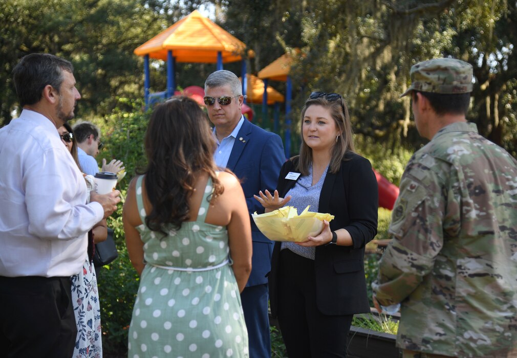 Keesler leadership and personnel gather during the Air Force Families Forever Fallen Hero Butterfly Release at the marina park at Keesler Air Force Base, Mississippi, Sept. 23, 2022. The garden serves as a designated location where the families of our fallen heroes can find a serene area to pay tribute to their loved one as well as honoring our fallen service members. (U.S. Air Force photo by Kemberly Groue)