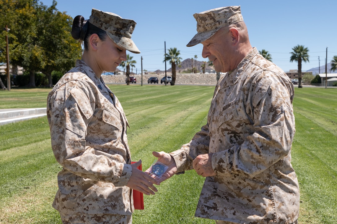 U.S. Marine Corps Sgt. Leilana TupuaRodriguez receives the Jim Kallstrom Award for her bravery while deployed with the 24th Marine Expeditionary Unit, supporting evacuations following the bombing in Kabul