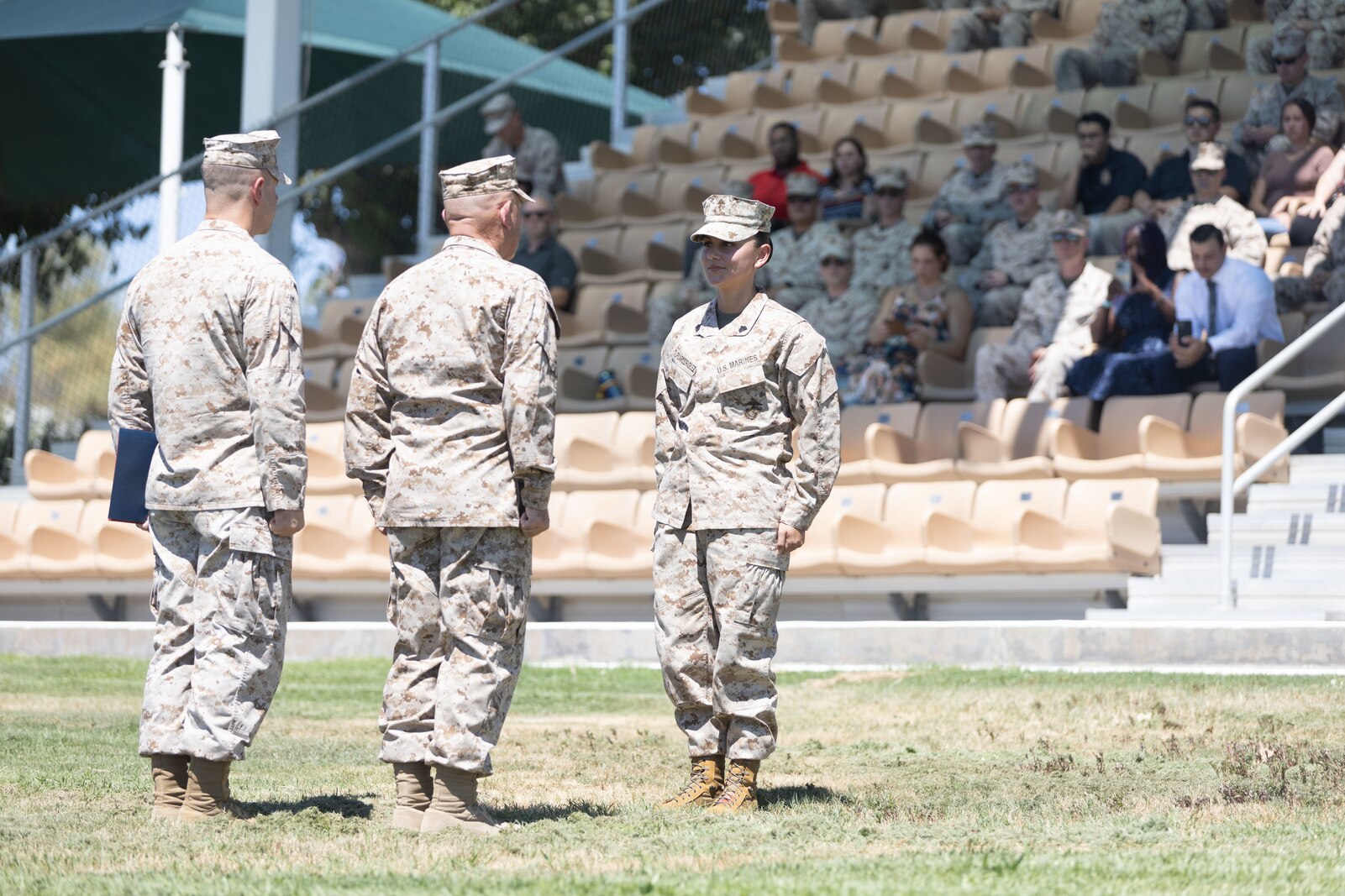 U.S. Marine Corps Sgt. Leilana TupuaRodriguez receives the Jim Kallstrom Award for her bravery while deployed with the 24th Marine Expeditionary Unit, supporting evacuations following the bombing in Kabul