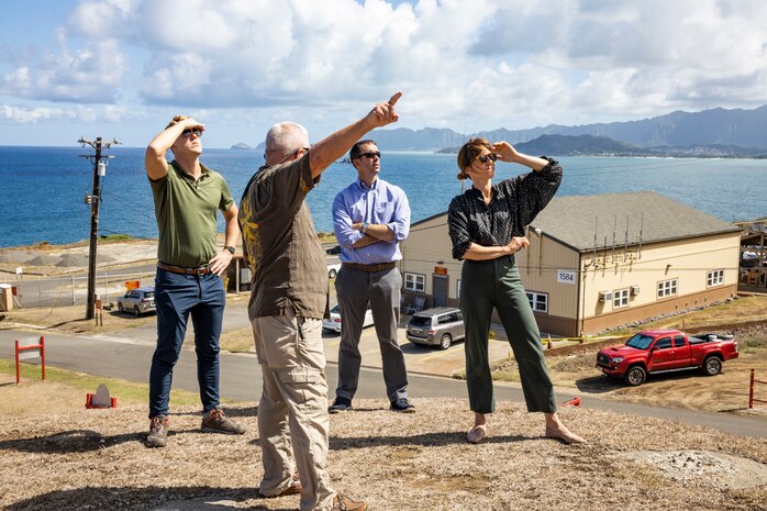 Dan Geltmacher, range and training manager, Marine Corps Base Hawaii, leads a tour of U’lupau Crater Range for Professional Staff Members during a visit to MCBH, Sept. 8, 2022. The purpose of the visit was to discuss how the Navy and Marine Corps are training for future conflict in complex environments, as well as allowing the opportunity for a broader perspective on operations and contributions to national defense. (U.S. Marine Corps photo by Cpl. Samantha Sanchez)