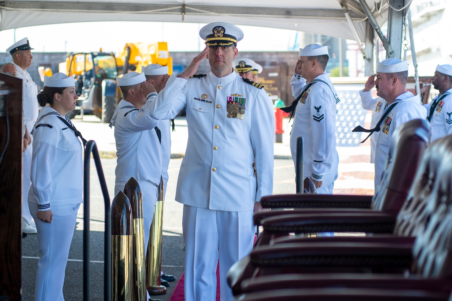 220923-N-NU634-013



NORFOLK (Oct. 23, 2022) – Cmdr. Thad D. Tasso, commanding officer USS Hué City (CG 66), salutes as he arrives for the decommissioning ceremony of the Ticonderoga-class guided- missile cruiser USS Hué City (CG 66) after 31 years of naval service. Following decommissioning, the ship is slated to be towed to the Navy’s Inactive Ship’s facility in Philadelphia, Pa., where it

will be in a Logistical Support Asset status. (U.S. Navy photo by Mass Communications Specialist 2nd Class Darien G. Kenney)