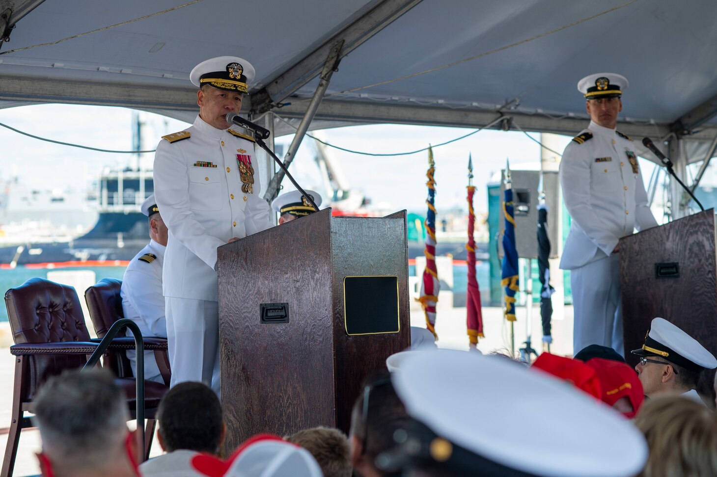 220923-N-NU634-037



NORFOLK (Oct. 23, 2022) – Rear Adm. Huan Nguyen, deputy commander Cyber Engineering, NAVSEA, gives remarks during the decommissioning ceremony of the Ticonderoga-class guided-missile cruiser USS Hué City (CG 66) after 31 years of naval service. Following its decommissioning, the ship is slated to be towed to the Navy’s Inactive Ship’s facility in Philadelphia, Pa., where it will be in a Logistical Support Asset status. (U.S. Navy photo by Mass Communications Specialist 2nd Class Darien G. Kenney)