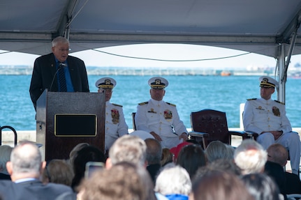 220923-N-NU634-062



NORFOLK (Oct. 23, 2022) – Retired Capt. Tom Eubanks, Hué City’s first commanding officer, gives remarks during the decommissioning ceremony of the Ticonderoga-class guided-missile cruiser USS Hué City (CG 66) after 31 years of naval service. Following decommissioning, the ship is slated to be towed to the Navy’s Inactive Ship’s facility in Philadelphia, Pa., where it will be in a Logistical Support Asset status. (U.S. Navy photo by Mass Communications Specialist 2nd

Class Darien G. Kenney)