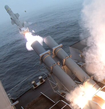 HMS Westminster launches a AGM-84D harpoon missile during Exercise Atlantic Thunder 2022.