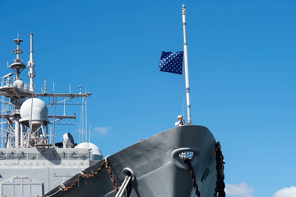 220923-N-NU634-088



NORFOLK (Oct. 23, 2022) – The Union Jack is lowered for the final time during the decommissioning ceremony of the Ticonderoga-class, guided-missile cruiser USS Hué City (CG 66) after 31 years of naval service. Following decommissioning, the ship is slated to be towed to the Navy’s Inactive Ship’s facility in Philadelphia, Pa., where it will be in a Logistical Support Asset status. (U.S. Navy photo by Mass Communications Specialist 2nd Class Darien G. Kenney)