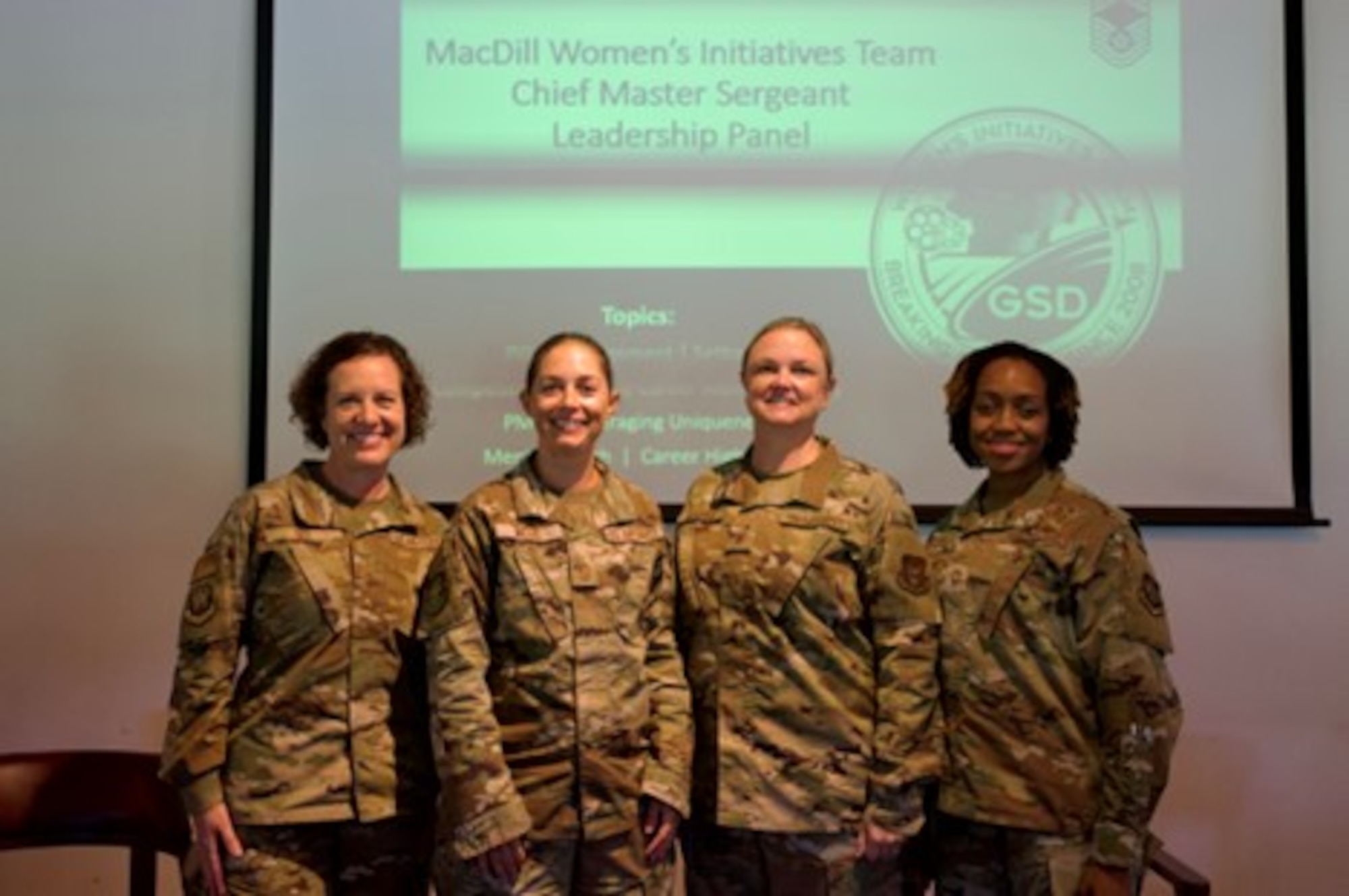 .From left, Chief Master Sgt. Shae D. Gee, 6th Air Refueling Wing command chief, Chief Master Sgt. Erin Willis, 927th Maintenance Group superintendent, Chief Master Sgt. Kelly Kruger, 927th ARW command chief, and Chief Master Sgt. Catrell Wilson, 6th Operations Group superintendent, were the panelists for the women’s leadership panel held at Bay Palms Golf Course restaurant, MacDill Air Force Base on Sept. 16, 2022. Topics discussed included the importance of seeking guidance, pillar management, setbacks, family, competitive and flexible career moves, and mental health. (U.S. Air Force Photo by Staff Sgt. Alexis Suarez)