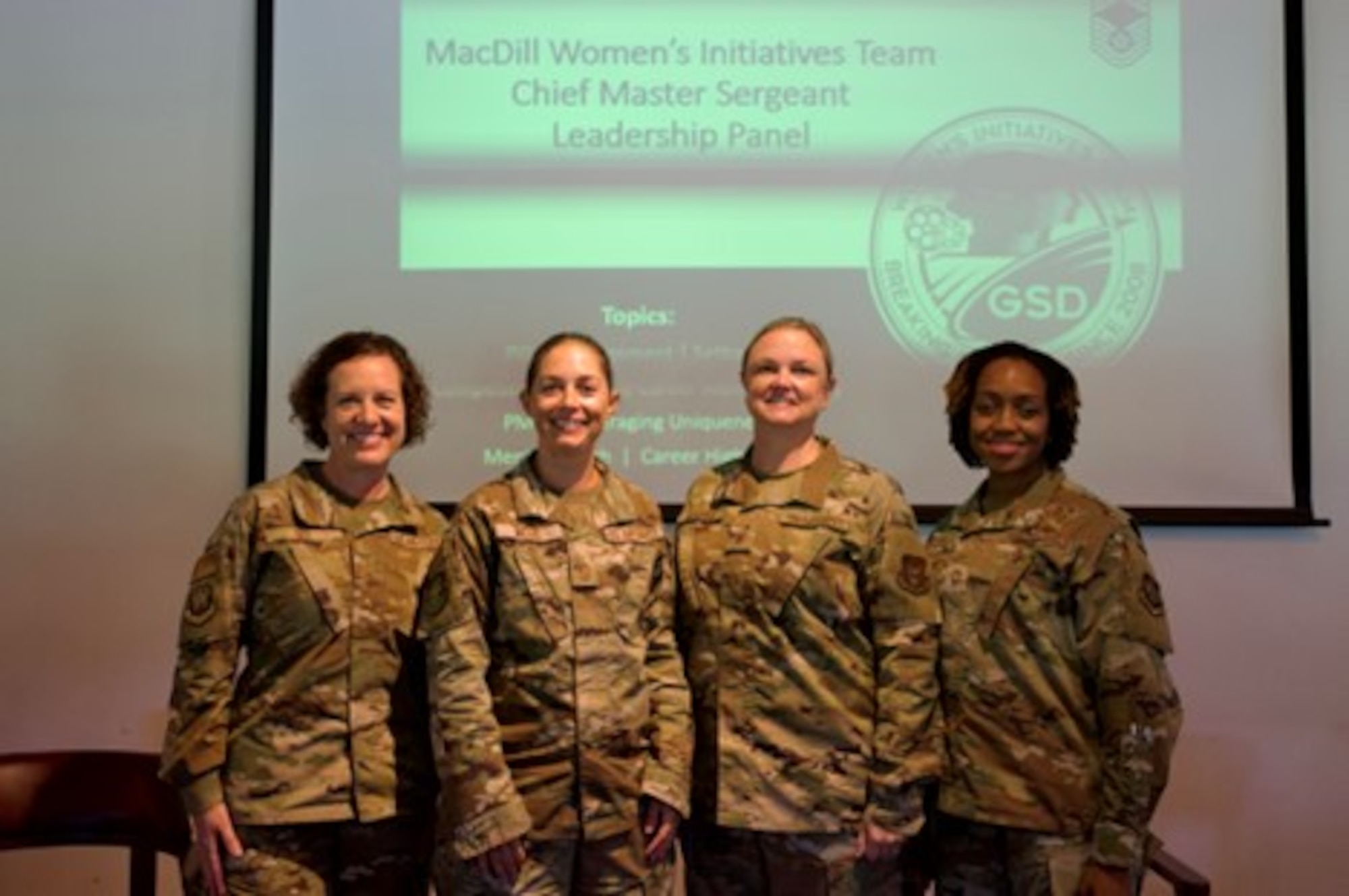 .From left, Chief Master Sgt. Shae D. Gee, 6th Air Refueling Wing command chief, Chief Master Sgt. Erin Willis, 927th Maintenance Group superintendent, Chief Master Sgt. Kelly Kruger, 927th ARW command chief, and Chief Master Sgt. Catrell Wilson, 6th Operations Group superintendent, were the panelists for the women’s leadership panel held at Bay Palms Golf Course restaurant, MacDill Air Force Base on Sept. 16, 2022. Topics discussed included the importance of seeking guidance, pillar management, setbacks, family, competitive and flexible career moves, and mental health. (U.S. Air Force Photo by Staff Sgt. Alexis Suarez)