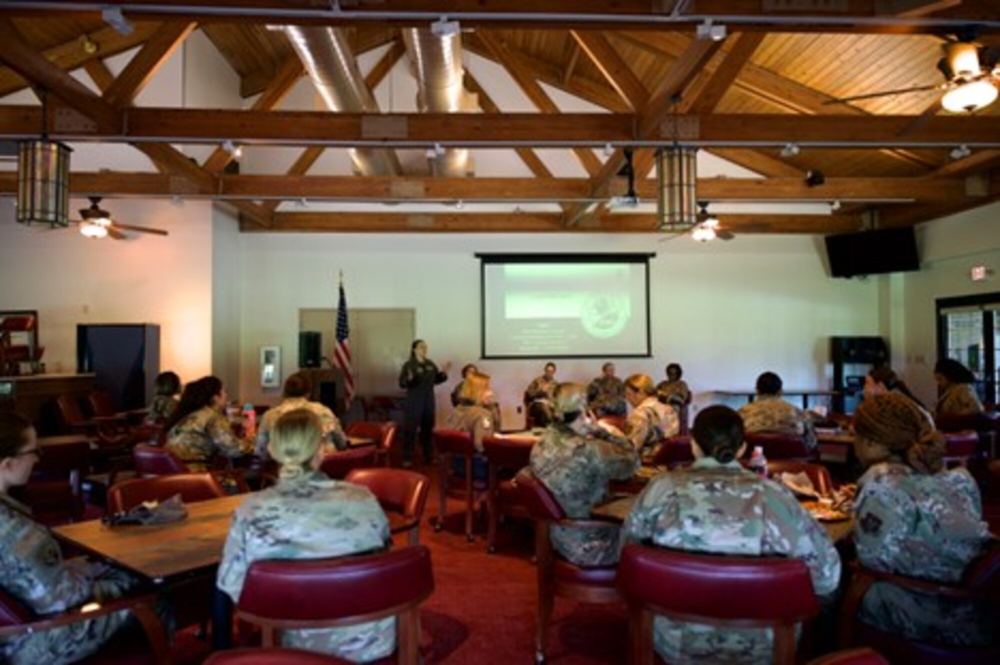 .Women across MacDill Air Force Base came together for a women’s leadership panel presented by four Air Force chief master sergeants at Bay Palms Golf Course restaurant, MacDill Air Force Base, Florida, Sept. 16, 2022. The panel discussed various topics and gave their personal experience about their Air Force journey. (U.S. Air Force Photo by Staff Sgt. Alexis Suarez)