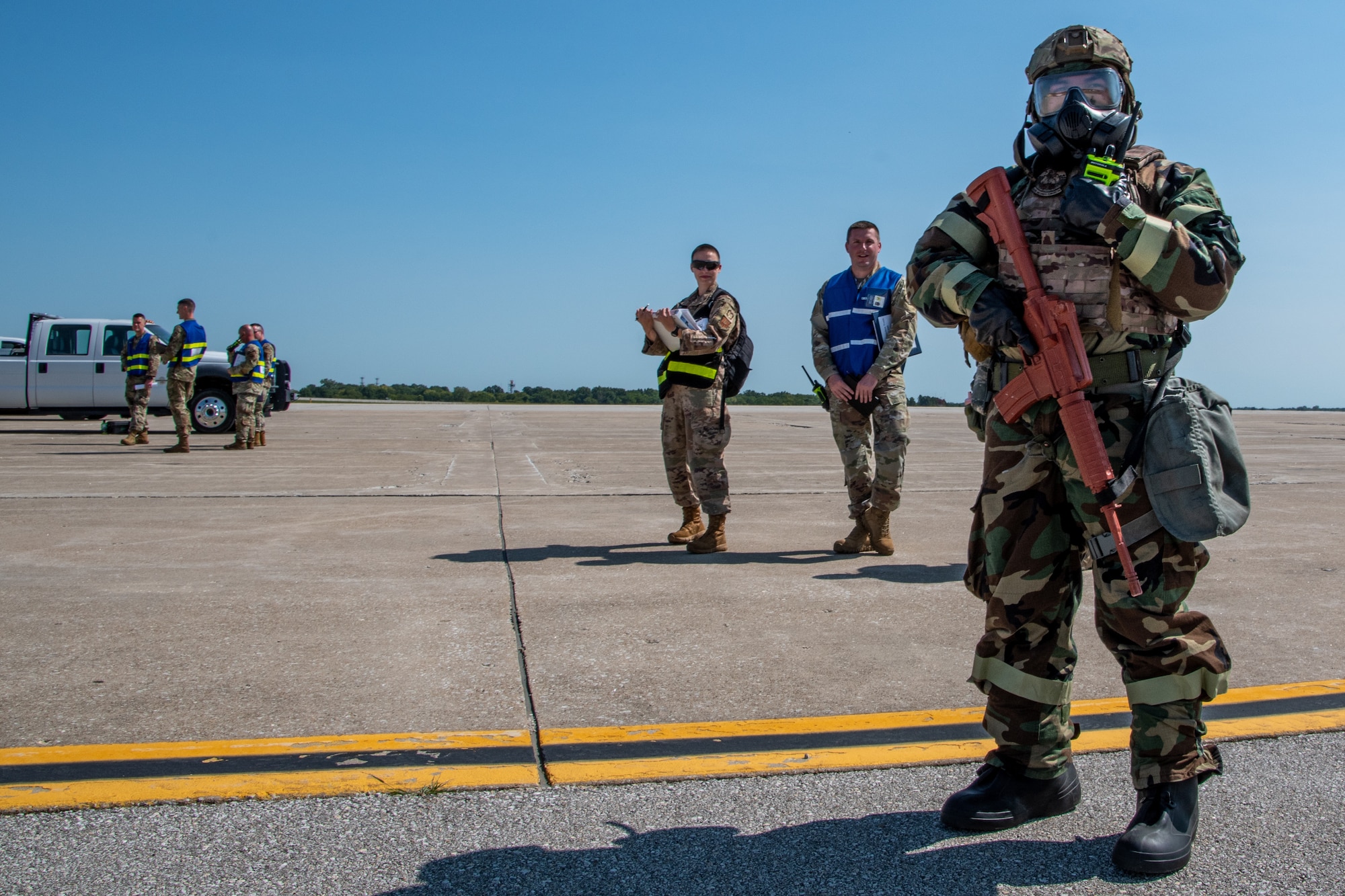 Whiteman Air Force Base Wing Inspection Team Airmen, inspect a Chemical, Biological, Radiological, Nuclear exercise at Whiteman Air Force Base, Missouri, Sept. 14, 2022. Whiteman’s WIT evaluates Airmen during exercises to ensure readiness out in the field. (U.S. Air National Guard photo by Airman 1st Class Phoenix Lietch)