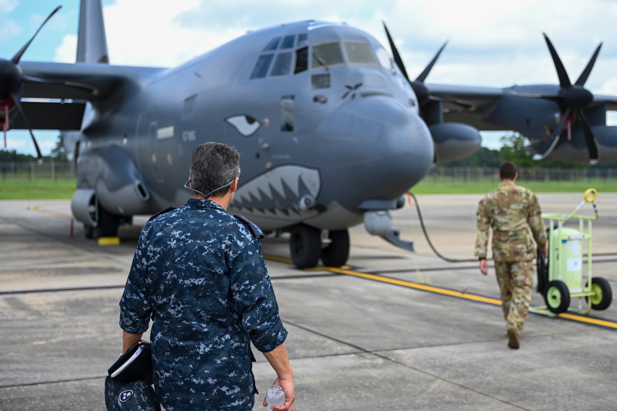 An Egyptian Navy member approaches a C-130J Combat King II at the 71st Rescue Squadron during a CSAR subject matter expert exchange at Moody Air Force Base, Georgia, Sept. 13, 2022. Egypt and the United States share a strategic security relationship, which plays a leading role in regional security and efforts to combat the spread of extremism. Engagements such as this ensure that the security relationship is not only forged at the strategic level but also the tactical and operational levels, creating a cohesive, layered approach to creating a safe and stable theater. (U.S. Air Force photo by Airman 1st Class Rachel Coates)