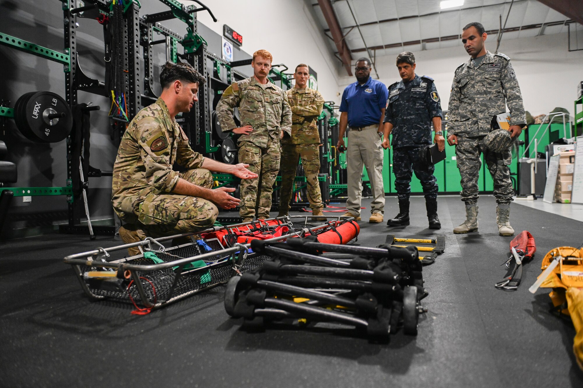U.S. Air Force Senior Airman Sam Brown, 41st Rescue Squadron special missions aviator, showcases rescue assets to members of Egypt’s Air Force and Navy during a CSAR subject matter expert exchange at Moody Air Force Base, Georgia, Sept. 13, 2022. Egypt and the United States share a strategic security relationship, which plays a leading role in regional security and efforts to combat the spread of extremism. Engagements such as this ensure that the security relationship is not only forged at the strategic level but also the tactical and operational levels, creating a cohesive,