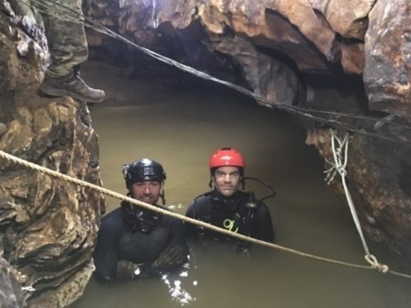 Tech Sgt Jamie Brisbin (right, red helmet) of the 106th Rescue Wing's 103rd Rescue Squadron who took part as a diver in the 2018 Thai Cave rescue pictured here with Tech. Sgt. John Merchand.