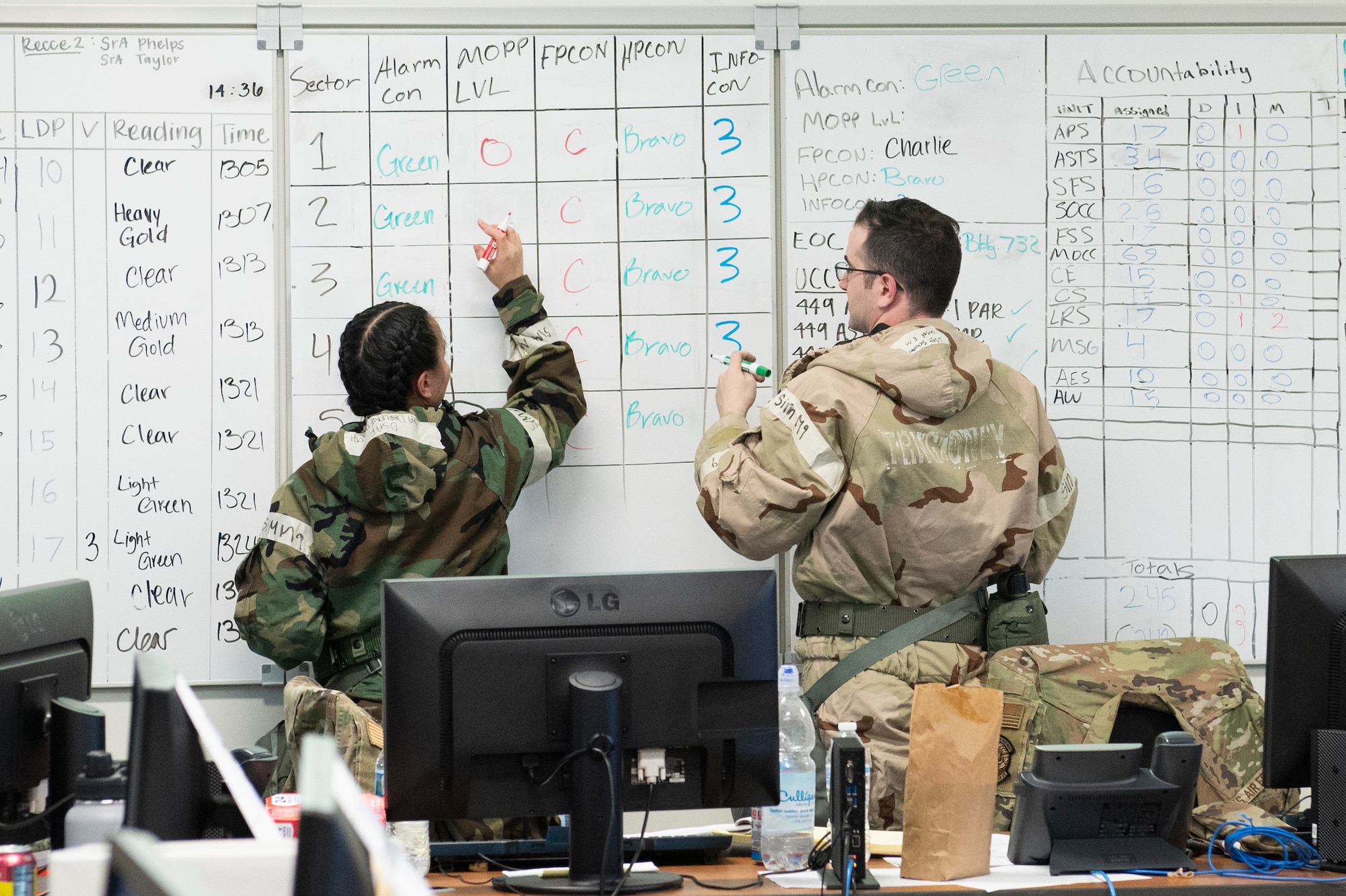 Members deployed to the Emergency Operations Center track threat levels, alarm conditions and accountability during an exercise at Dobbins Air Reserve Base, Ga. Sept. 23, 2022. Dobbins ARB hosted, coordinated, and participated in a base-wide exercise, called United Forces 22-01, from Sept. 19-25 to test readiness capabilities. (U.S. Air Force photo by Senior Airman Kendra A. Ransum)