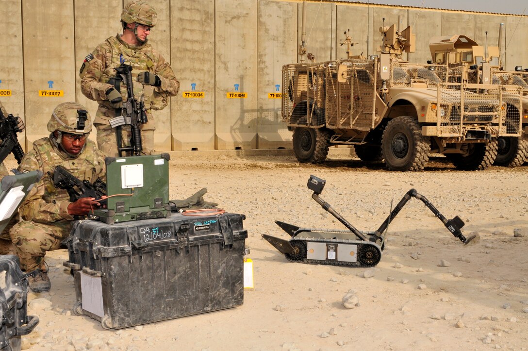 10th Sustainment Brigade soldiers learn to operate the PackBot during training at Bagram Air Field, Afghanistan.