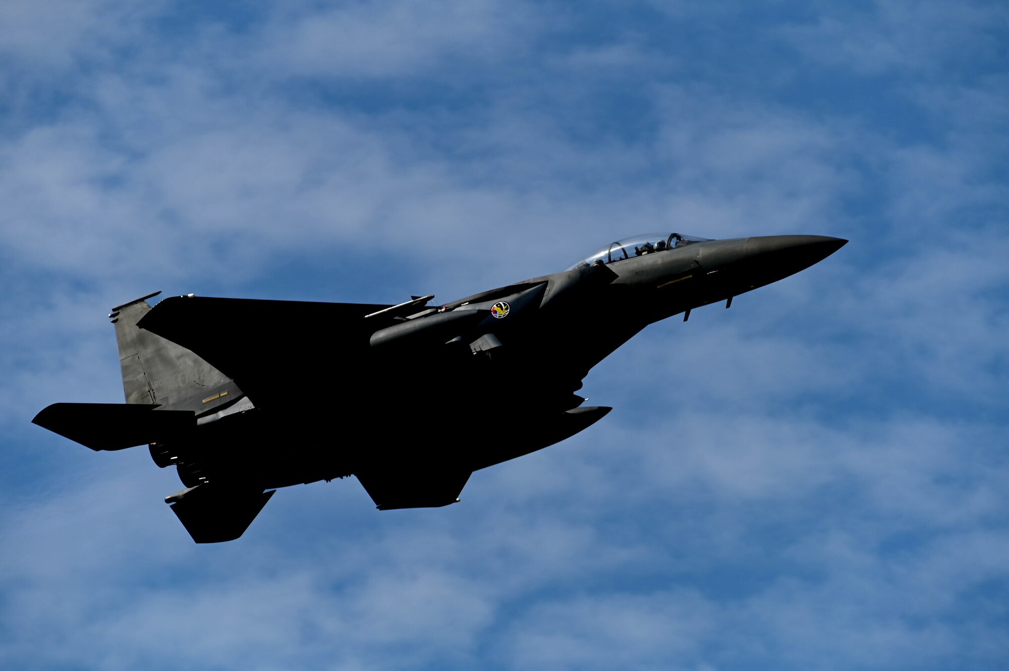 A Republic of Korea Air Force F-15K Slam Eagle assigned to the 110th Fighter Squadron soars through the sky at Kunsan Air Base, Republic of Korea, Sept. 22, 2022. The 110th Fighter Squadron serves under the 11th Fighter Group at Daegu Air Base, ROK. (U.S. Air Force Photo by Senior Airman Shannon Braaten)