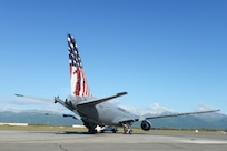 The Spirit of Portsmouth, a KC-46A Pegasus assigned to the 157th Air Refueling Wing, sits in the evening sunlight on the ramp at Joint Base Elmendorf-Richardson, Alaska, on June 30, 2022.