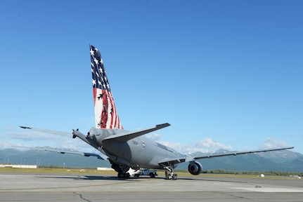 The Spirit of Portsmouth, a KC-46A Pegasus assigned to the 157th Air Refueling Wing, sits in the evening sunlight on the ramp at Joint Base Elmendorf-Richardson, Alaska, on June 30, 2022.