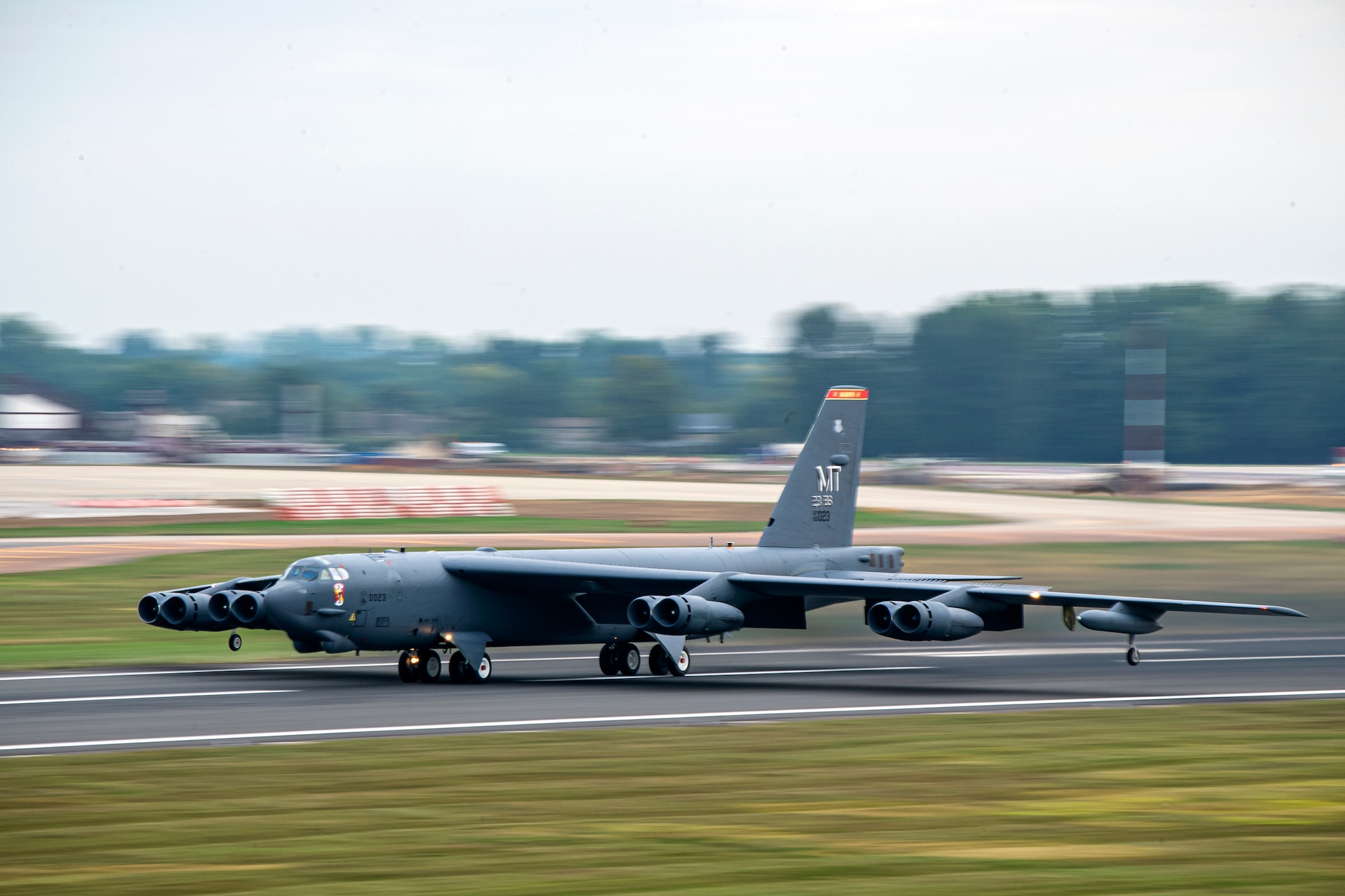 A B-52 Stratofortress aircraft assigned to the 23rd Expeditionary Bomb Squadron takes off at RAF Fairford, United Kingdom, Sept. 21, 2022. Strategic bombers contribute to stability in the European theater, they provide a critical role in strategic deterrence. If called upon, U.S. bombers offer a rapid response capability. (U.S. Air Force photo by Staff Sgt. Eugene Oliver)