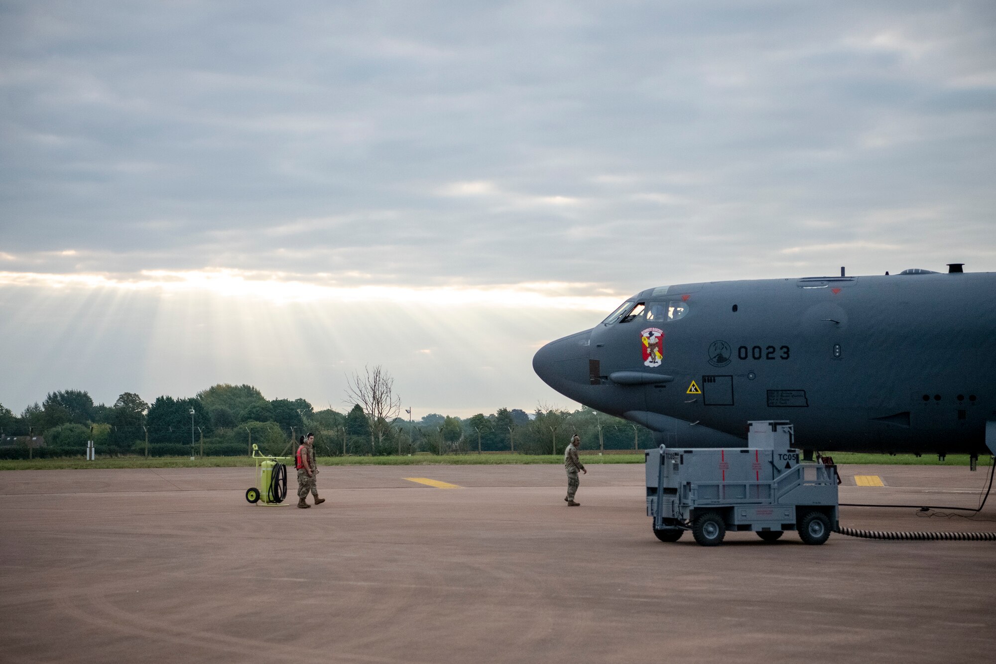 Airmen prep a B-52 Stratofortress aircraft assigned to the 23rd Expeditionary Bomb Squadron for takeoff at RAF Fairford, United Kingdom, Sept. 21, 2022. Strategic bombers contribute to stability in the European theater, they provide a critical role in strategic deterrence. If called upon, U.S. bombers offer a rapid response capability. (U.S. Air Force photo by Staff Sgt. Eugene Oliver)