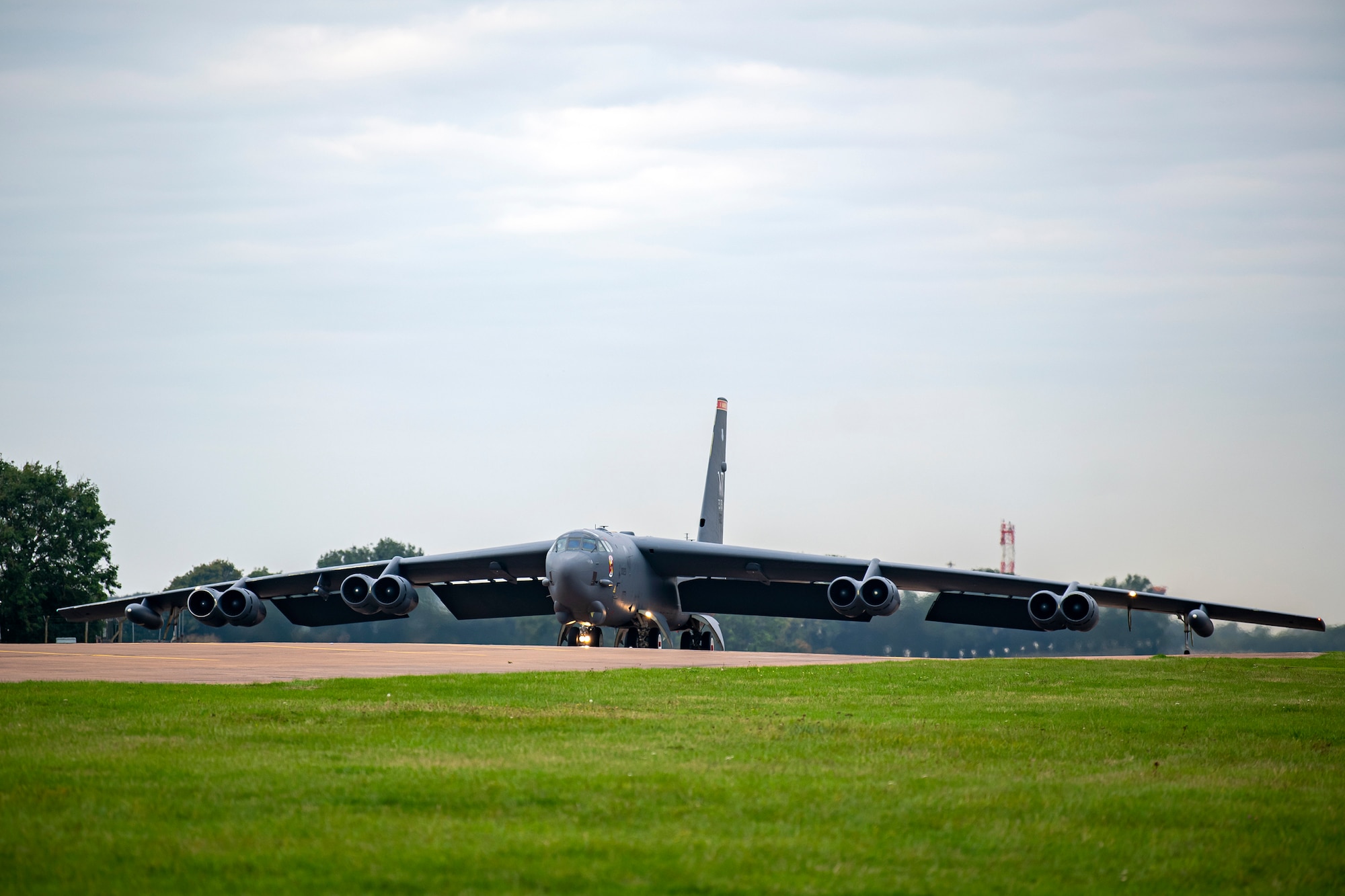 A B-52 Stratofortress aircraft assigned to the 23rd Expeditionary Bomb Squadron, taxis on the runway prior to takeoff at RAF Fairford, United Kingdom, Sept. 21, 2022. Strategic bombers contribute to stability in the European theater, they provide a critical role in strategic deterrence. If called upon, U.S. bombers offer a rapid response capability. (U.S. Air Force photo by Staff Sgt. Eugene Oliver)