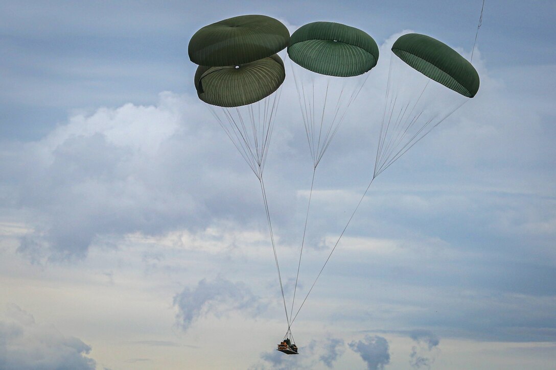 Supplies are parachuted down from the sky.