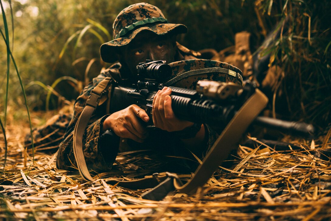 A Marine lays on the ground aiming a weapon in a field.