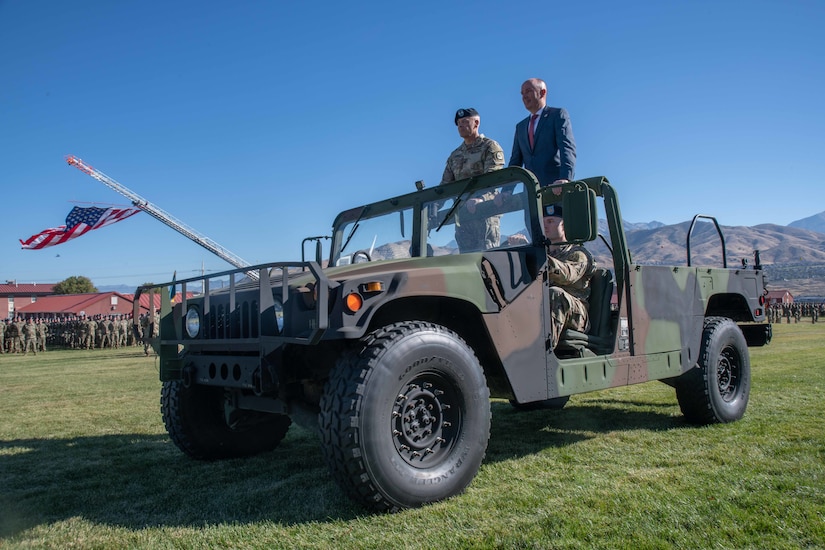 Gov. Spencer J. Cox and Maj. Gen. Michael J. Turley conduct a pass and review during the 67th annual Governor’s Day at Camp Williams, Utah, Sept. 24, 2022.