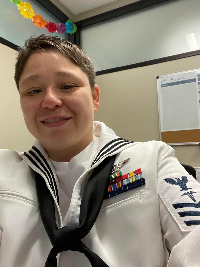 Hospital Corpsman 1st Class Amity Montoya, assigned to Naval Medical Forces Support Command (NMFSC) N7 Education and Training department, poses for a selfie before NMFSC’s hispanic heritage month ceremony.