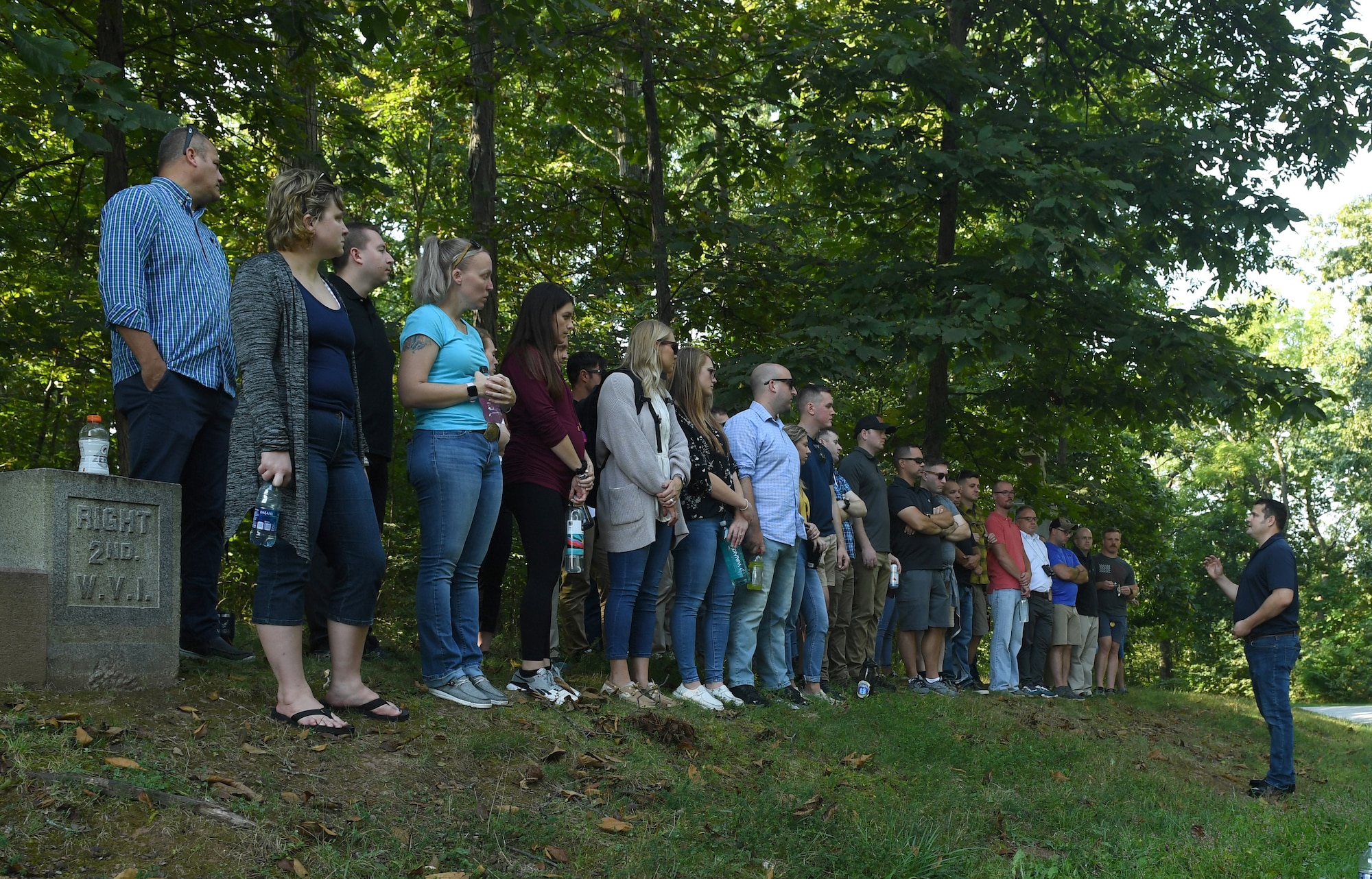 193rd Special Operations Wing Airmen line up in two rows like the 2nd Infantry from West Virginia did on July 1, 1863, the first day of the Battle of Gettysburg, during a tour given by the Army War College in Gettysburg, Pennsylvania Sept. 19, 2022.